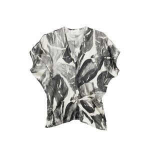ALYSI Abstract Leaf Print V-Neck Blouse Women BLACK Shirts